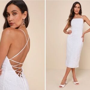 Lulu's White Lace-Up Back Midi Dress